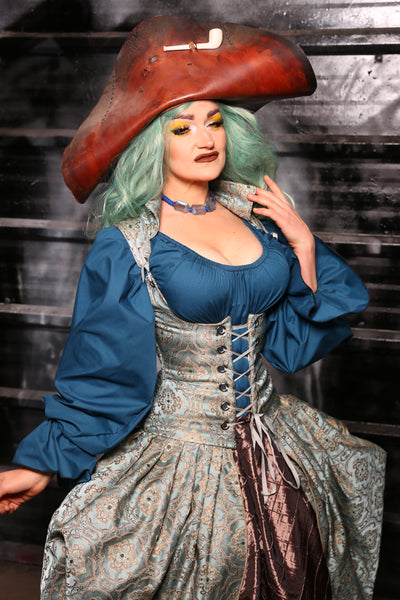 Queenie Corseted Coat with Vixen Base in Ella Blue Damask #17 - The Skelewags Collection