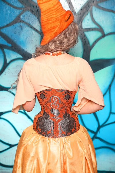 Petite Wench Corset in Orange & Silver Medallion w/ Winnie the Pooh Halloween Panels - The "Pumpkins, Screams & Corset Dreams" Collection