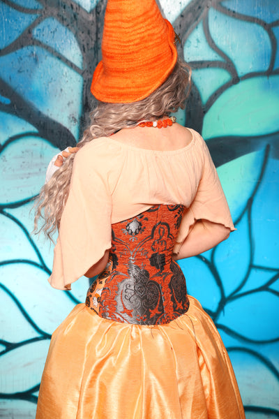 Petite Wench Corset in Orange & Silver Medallion w/ Winnie the Pooh Halloween Panels - The "Pumpkins, Screams & Corset Dreams" Collection