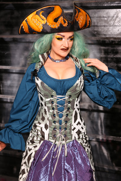 Peacock Tailed Courtier Corset in Mint Lattice #13 - The Skelewags Collection