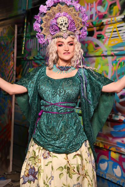 Classic Blouse w/waterfall sleeves in Teal Burnout Stretch Velvet Damask - The Feylustrium Collection