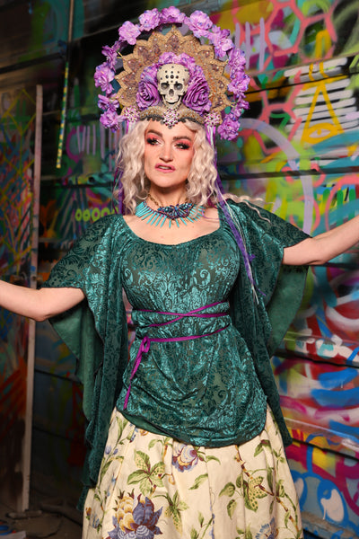 Classic Blouse w/waterfall sleeves in Teal Burnout Stretch Velvet Damask - The Feylustrium Collection