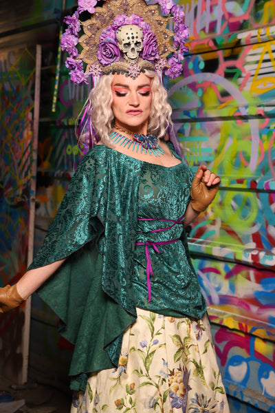 Classic Blouse w/waterfall sleeves in Teal Burnout Stretch Velvet Damask - The Feylustrium Collection