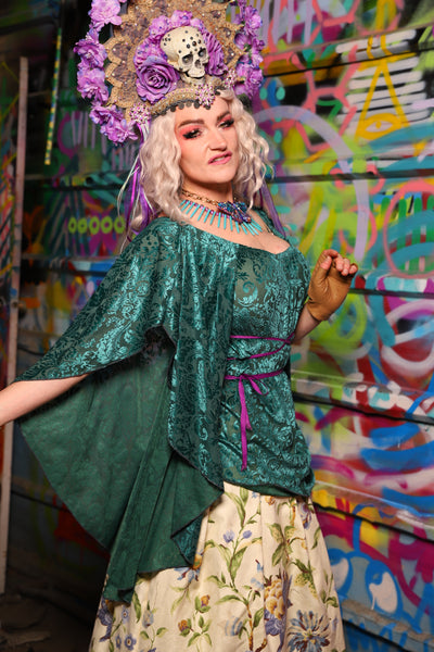 Classic Blouse w/waterfall sleeves in Teal Burnout Stretch Velvet Damask - The Feylustrium Collection