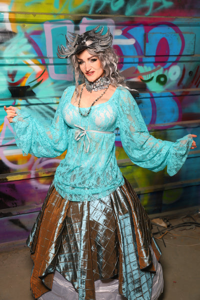 05. Classic Blouse w/Long Sleeves in Light Turquoise Stretch Lace - The "Love at Frost Sight" Collection