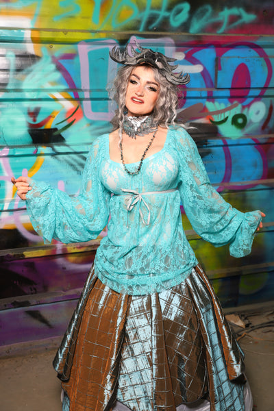 05. Classic Blouse w/Long Sleeves in Light Turquoise Stretch Lace - The "Love at Frost Sight" Collection