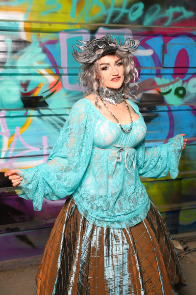 05. Classic Blouse w/Long Sleeves in Light Turquoise Stretch Lace - The "Love at Frost Sight" Collection