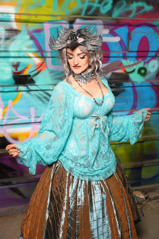 05. Classic Blouse w/Long Sleeves in Light Turquoise Stretch Lace - The "Love at Frost Sight" Collection