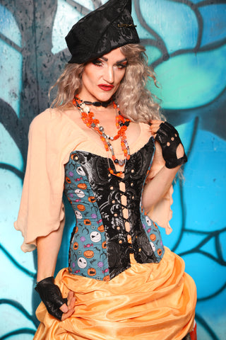Crossfire Corset in Black & Silver Medallion w/Nightmare Before Christmas Blue Panel - The "Pumpkins, Screams & Corset Dreams" Collection