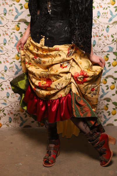 Swoon Skirt w/patchwork ruffle in Honey Bloom - The Wandering Minstrel Collection