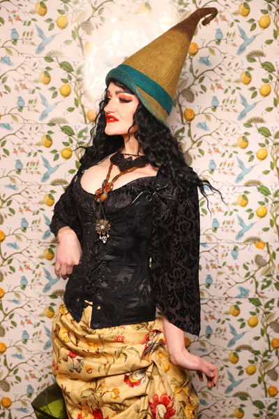 Marie Overbust Corset in Pitch Black Damask - The Wandering Minstrel Collection