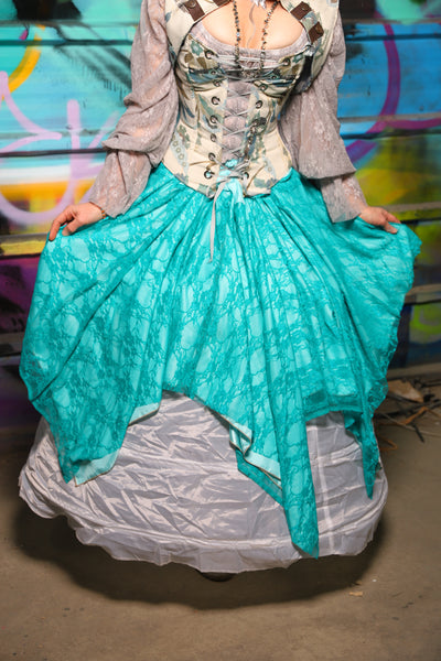 24. Double Layer Fairy Skirt in Aqua Satin w/Tiffany Blue Lace Overlay - The "Love at Frost Sight" Collection