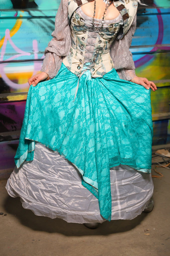 24. Double Layer Fairy Skirt in Aqua Satin w/Tiffany Blue Lace Overlay - The "Love at Frost Sight" Collection