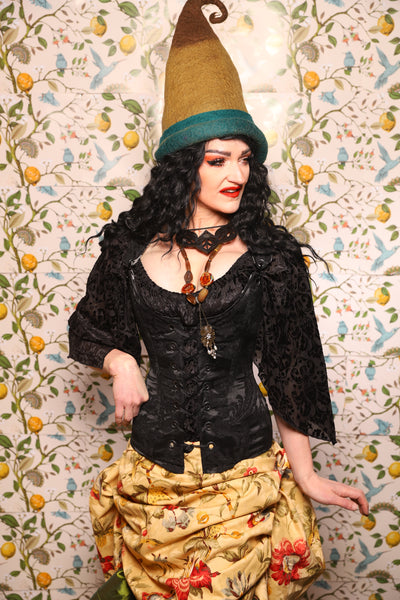Marie Overbust Corset in Pitch Black Damask - The Wandering Minstrel Collection