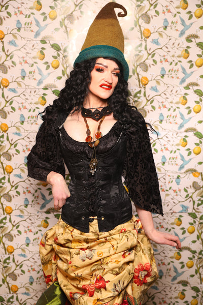 Marie Overbust Corset in Pitch Black Damask - The Wandering Minstrel Collection