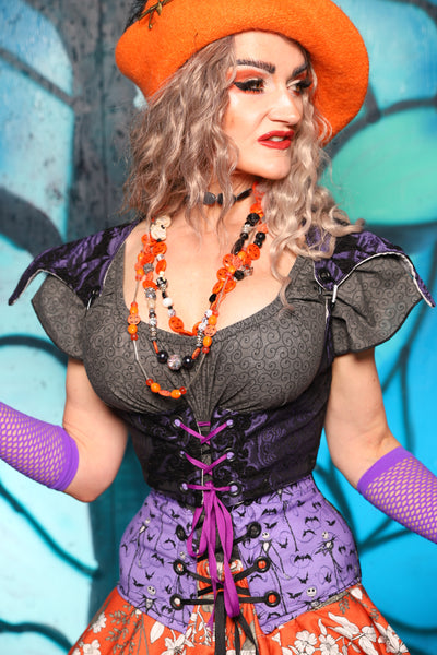 Cropped Elf Corset in Black & Purple Medallion - The "Pumpkins, Screams & Corset Dreams" Collection