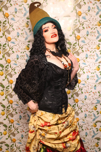 Marie Overbust Corset in Pitch Black Damask - The Wandering Minstrel Collection