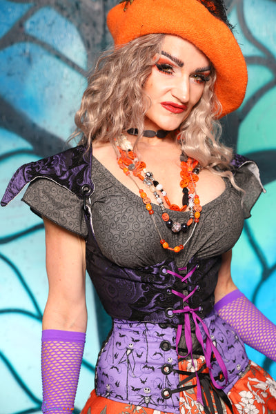 Cropped Elf Corset in Black & Purple Medallion - The "Pumpkins, Screams & Corset Dreams" Collection