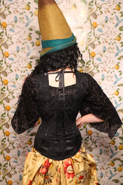 Marie Overbust Corset in Pitch Black Damask - The Wandering Minstrel Collection