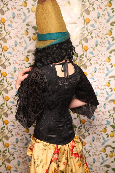 Marie Overbust Corset in Pitch Black Damask - The Wandering Minstrel Collection