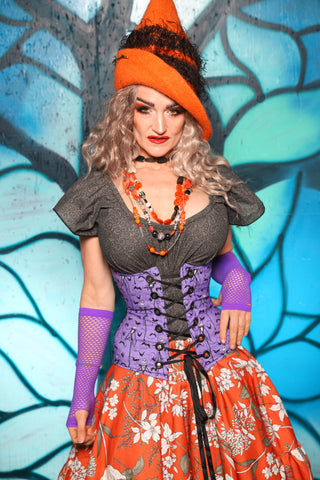 Petite Wench Corset in Black & Silver Medallion w/Nightmare Before Christmas Purple Panel - The "Pumpkins, Screams & Corset Dreams" Collection