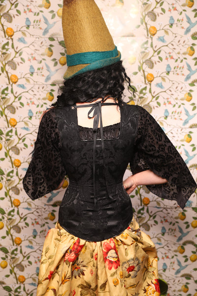 Marie Overbust Corset in Pitch Black Damask - The Wandering Minstrel Collection
