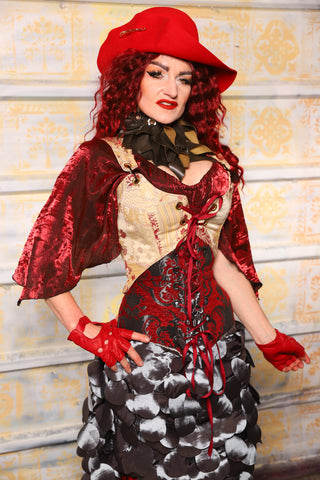 Wench Corset in Crimson & Pewter Medallion *shown layered under Cropped Marie* - "Dragon's Breath" Collection