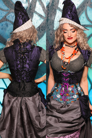 Duality Cropped Corset w/Back Lacing in Black & Purple Medallion *pockets sold separately* - The "Pumpkins, Screams & Corset Dreams" Collection