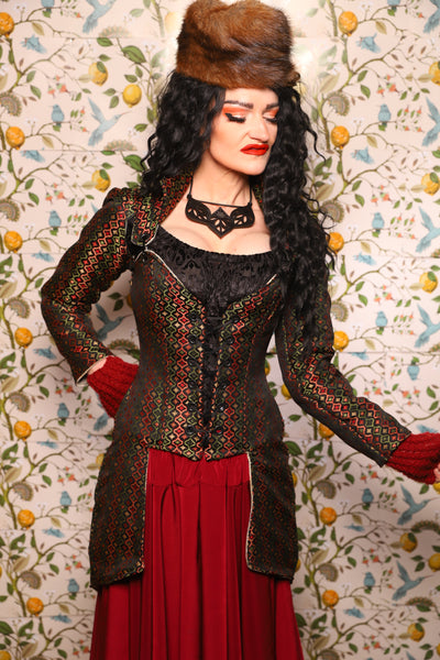 PETITE Overbust Tailed Corset in Troubadour Jacquard/ Overbust Tailed Corset in Troubadour Jacquard - The Wandering Minstrel Collection