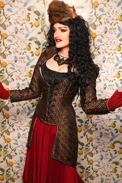 PETITE Overbust Tailed Corset in Troubadour Jacquard/ Overbust Tailed Corset in Troubadour Jacquard - The Wandering Minstrel Collection
