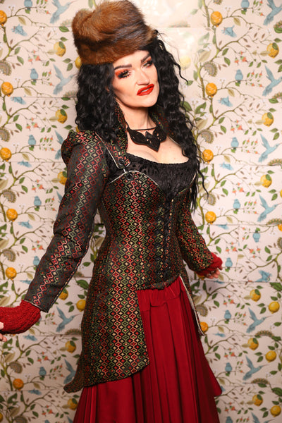 PETITE Overbust Tailed Corset in Troubadour Jacquard/ Overbust Tailed Corset in Troubadour Jacquard - The Wandering Minstrel Collection