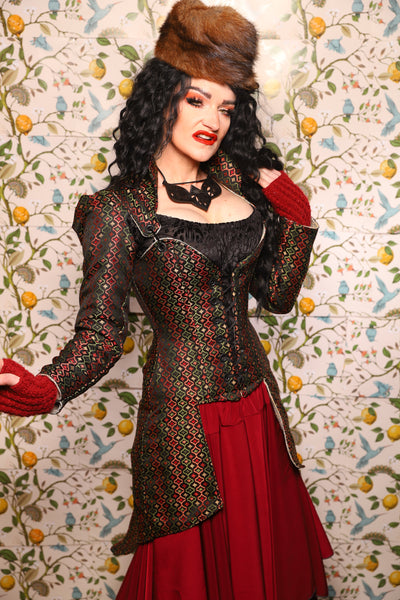PETITE Overbust Tailed Corset in Troubadour Jacquard/ Overbust Tailed Corset in Troubadour Jacquard - The Wandering Minstrel Collection
