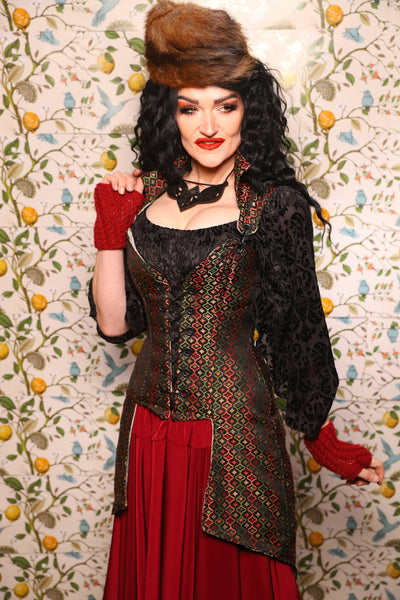 PETITE Overbust Tailed Corset in Troubadour Jacquard/ Overbust Tailed Corset in Troubadour Jacquard - The Wandering Minstrel Collection