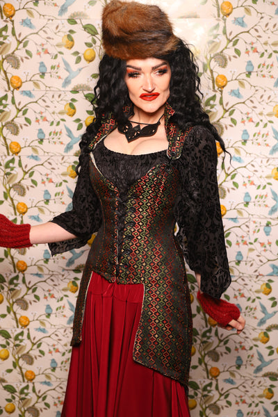PETITE Overbust Tailed Corset in Troubadour Jacquard/ Overbust Tailed Corset in Troubadour Jacquard - The Wandering Minstrel Collection