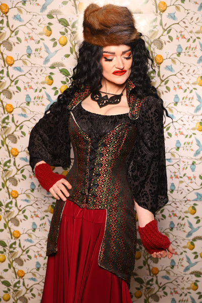 PETITE Overbust Tailed Corset in Troubadour Jacquard/ Overbust Tailed Corset in Troubadour Jacquard - The Wandering Minstrel Collection