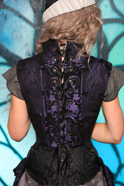 Duality Cropped Corset w/Back Lacing in Black & Purple Medallion *pockets sold separately* - The "Pumpkins, Screams & Corset Dreams" Collection