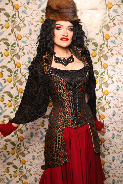 PETITE Overbust Tailed Corset in Troubadour Jacquard/ Overbust Tailed Corset in Troubadour Jacquard - The Wandering Minstrel Collection
