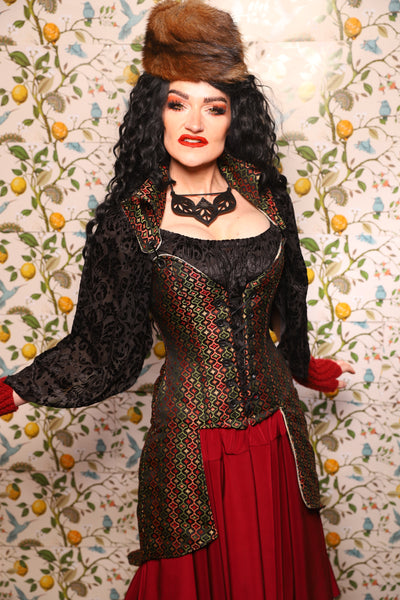 PETITE Overbust Tailed Corset in Troubadour Jacquard/ Overbust Tailed Corset in Troubadour Jacquard - The Wandering Minstrel Collection
