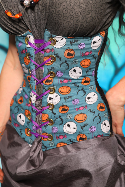 Wench Corset in Black Filigree Jacquard w/ Nightmare Before Christmas Blue Panel - The "Pumpkins, Screams & Corset Dreams" Collection