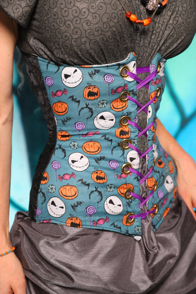 Wench Corset in Black Filigree Jacquard w/ Nightmare Before Christmas Blue Panel - The "Pumpkins, Screams & Corset Dreams" Collection
