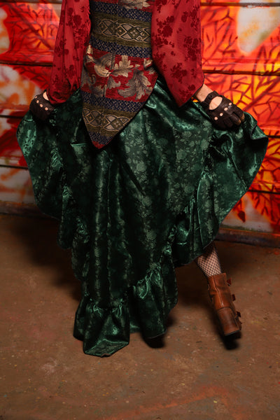 04. Arrow Skirt w/ruffle in Emerald Rose Satin - The Sensual Solstice Collection