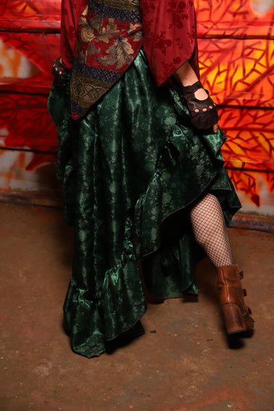 04. Arrow Skirt w/ruffle in Emerald Rose Satin - The Sensual Solstice Collection