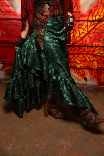 04. Arrow Skirt w/ruffle in Emerald Rose Satin - The Sensual Solstice Collection