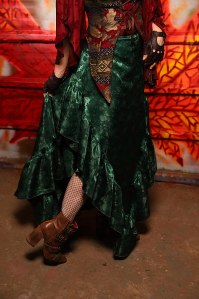 04. Arrow Skirt w/ruffle in Emerald Rose Satin - The Sensual Solstice Collection