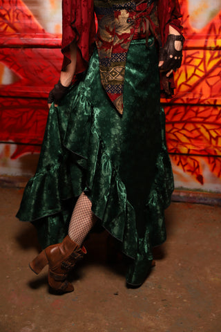 04. Arrow Skirt w/ruffle in Emerald Rose Satin - The Sensual Solstice Collection