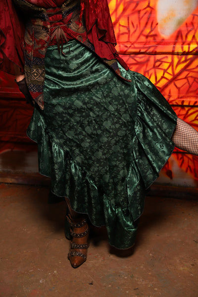 04. Arrow Skirt w/ruffle in Emerald Rose Satin - The Sensual Solstice Collection