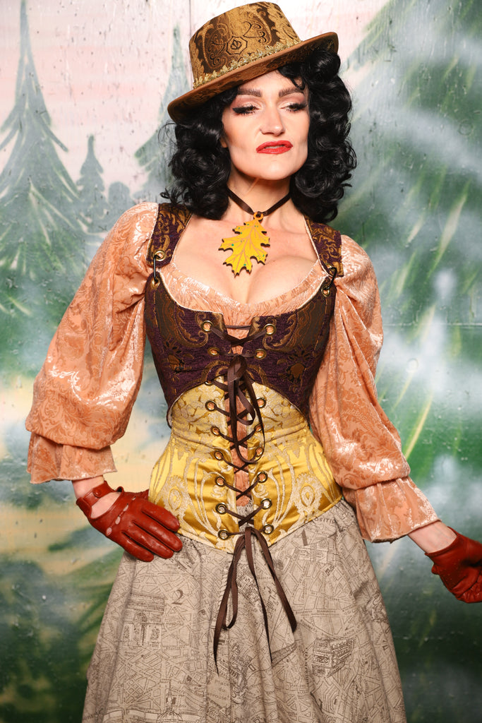 damsel in this dress corset Wench Corset in Belle Gold Damask