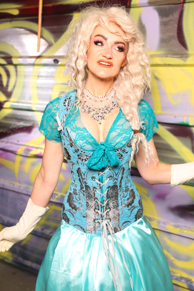 Marie Overbust Corset in Turquoise & Silver Medallion - Day 19 of "Celebrating 22 Years of Damsel"