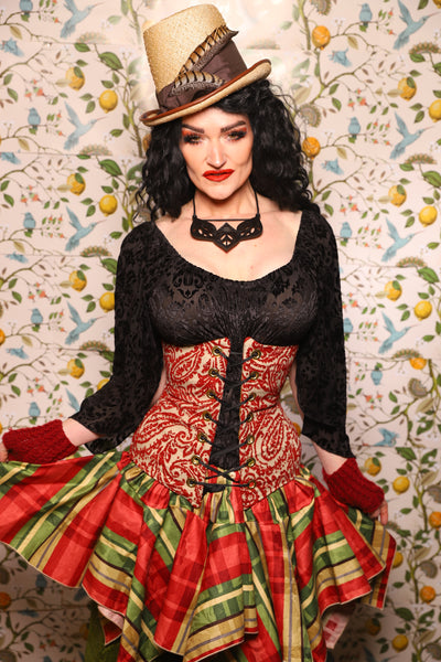 Wench Corset in Red & Cream Paisley Damask - The Wandering Minstrel Collection