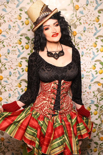 Wench Corset in Red & Cream Paisley Damask - The Wandering Minstrel Collection